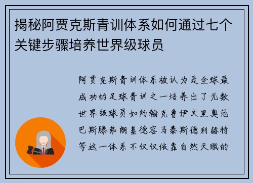 揭秘阿贾克斯青训体系如何通过七个关键步骤培养世界级球员