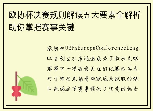 欧协杯决赛规则解读五大要素全解析助你掌握赛事关键